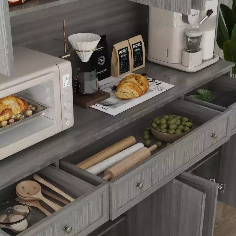 Famapy 61.2W Szara Szafka do przechowywania Komoda z nadstawką Szafka spiżarni do kuchni z ozdobnym cokołem: Połączenie elegancji i funkcjonalności