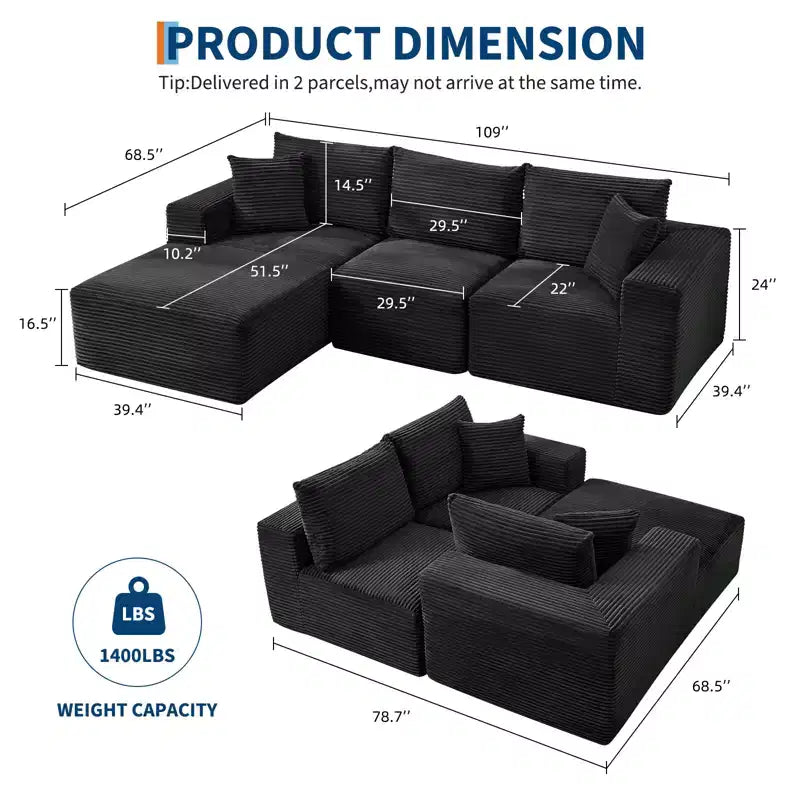 108 Nowoczesna sofa, 3-osobowa sofa tapicerowana w kształcie litery L z poduszkami, sofa z głębokim siedziskiem, bez konieczności montażu