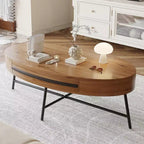 Owalny stolik kawowy z szufladą w stylu mid-century modern, drewniany stolik kawowy 47,2 z miejscem do przechowywania i metalowymi nogami w kształcie litery X, zaokrąglony design