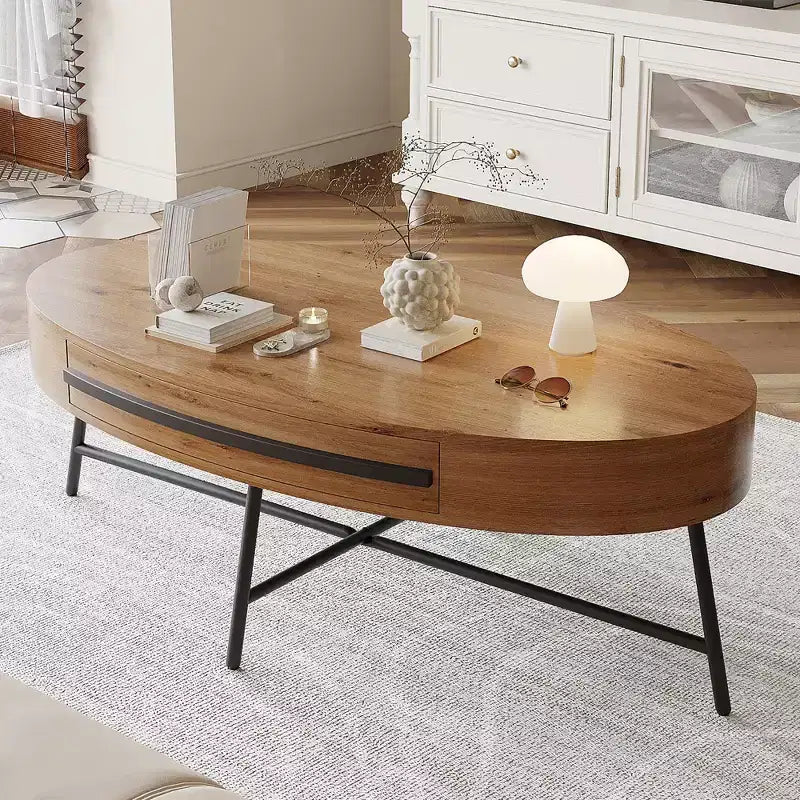 Owalny stolik kawowy z szufladą w stylu mid-century modern, drewniany stolik kawowy 47,2 z miejscem do przechowywania i metalowymi nogami w kształcie litery X, zaokrąglony design