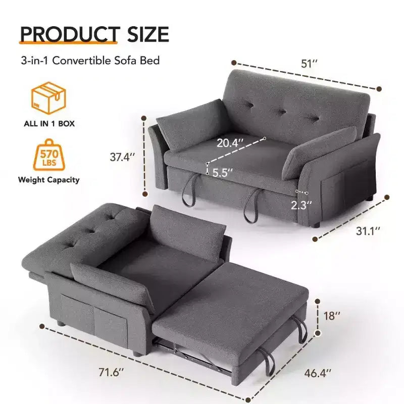 Dyonery 51 – rozkładana sofa 3 w 1, dwuosobowa sofa rozkładana z wysuwanym łóżkiem, regulowanym oparciem, lniana sofa