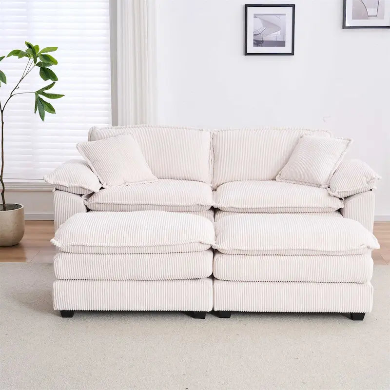 Nowoczesna 2-osobowa sofa sztruksowa z 4 poduszkami i 2 pufami