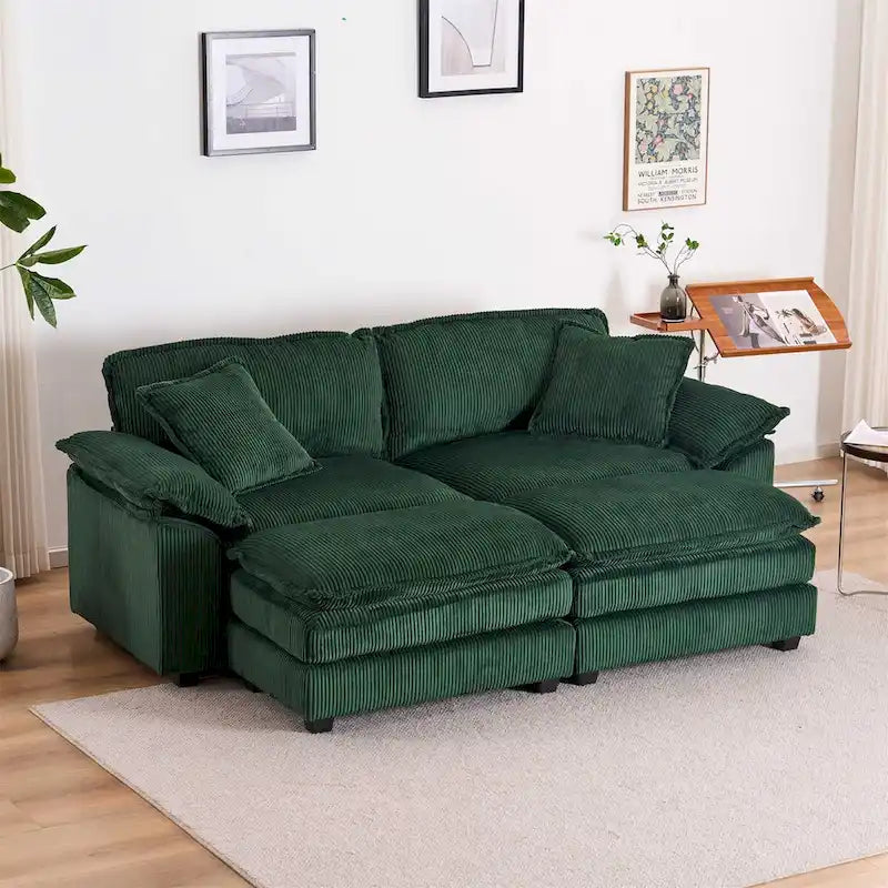 Nowoczesna 2-osobowa sofa sztruksowa z 4 poduszkami i 2 pufami