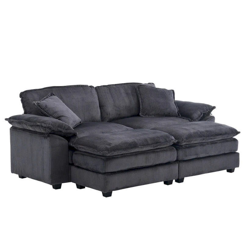 Nowoczesna 2-osobowa sofa sztruksowa z 4 poduszkami i 2 pufami