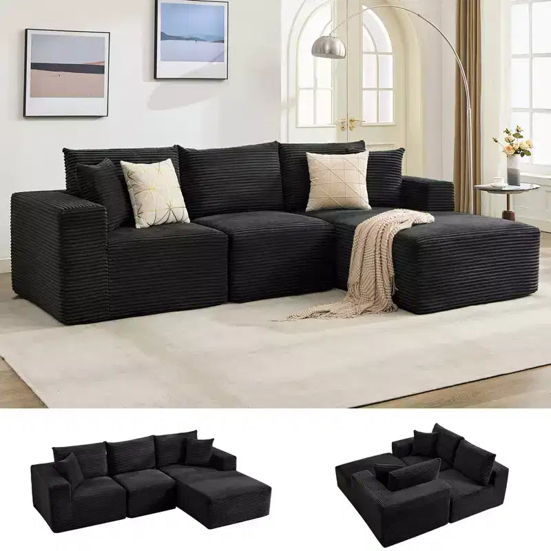 108 Nowoczesna sofa, 3-osobowa sofa tapicerowana w kształcie litery L z poduszkami, sofa z głębokim siedziskiem, bez konieczności montażu