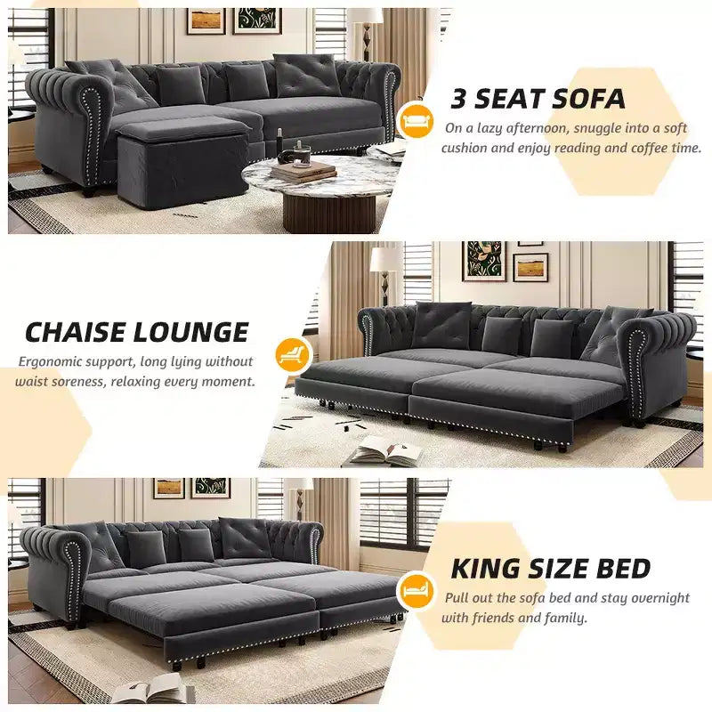 Rozkładana sofa 3 w 1 Whisen Velvet typu king-size z ruchomym podnóżkiem i pikowanym wzorem