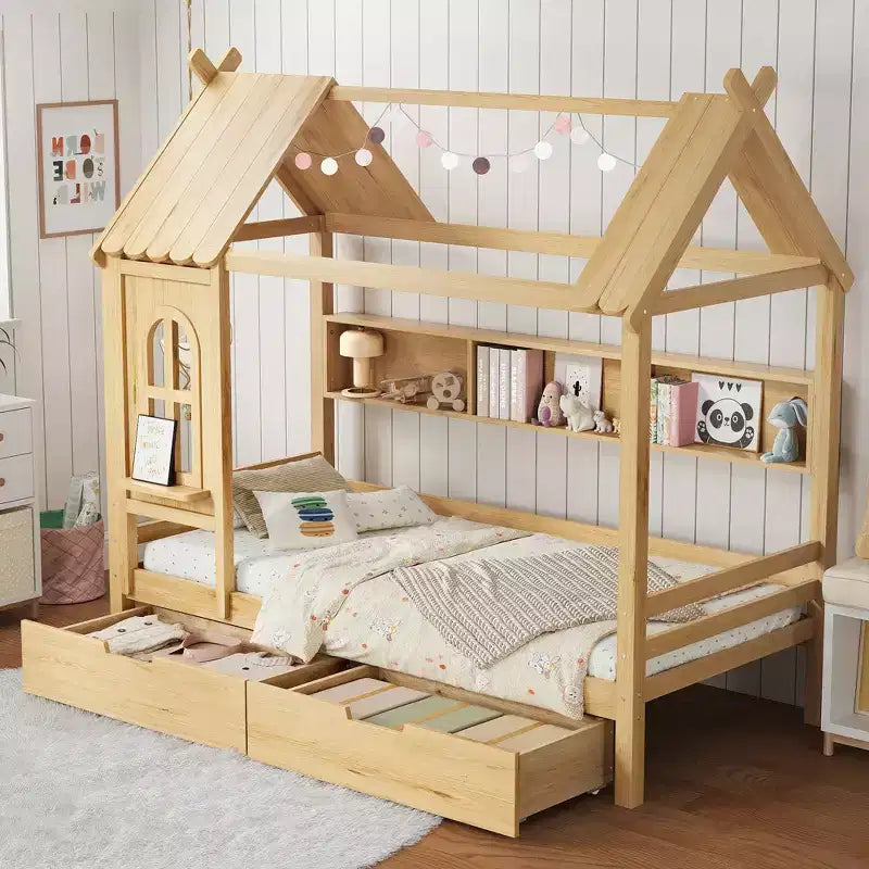Łóżko domek z szufladami i oknem, rama z litego drewna z półkami, dziecięcy design, jasna biel