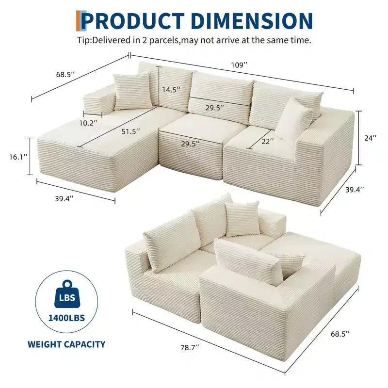 108 Nowoczesna sofa, 3-osobowa sofa tapicerowana w kształcie litery L z poduszkami, sofa z głębokim siedziskiem, bez konieczności montażu