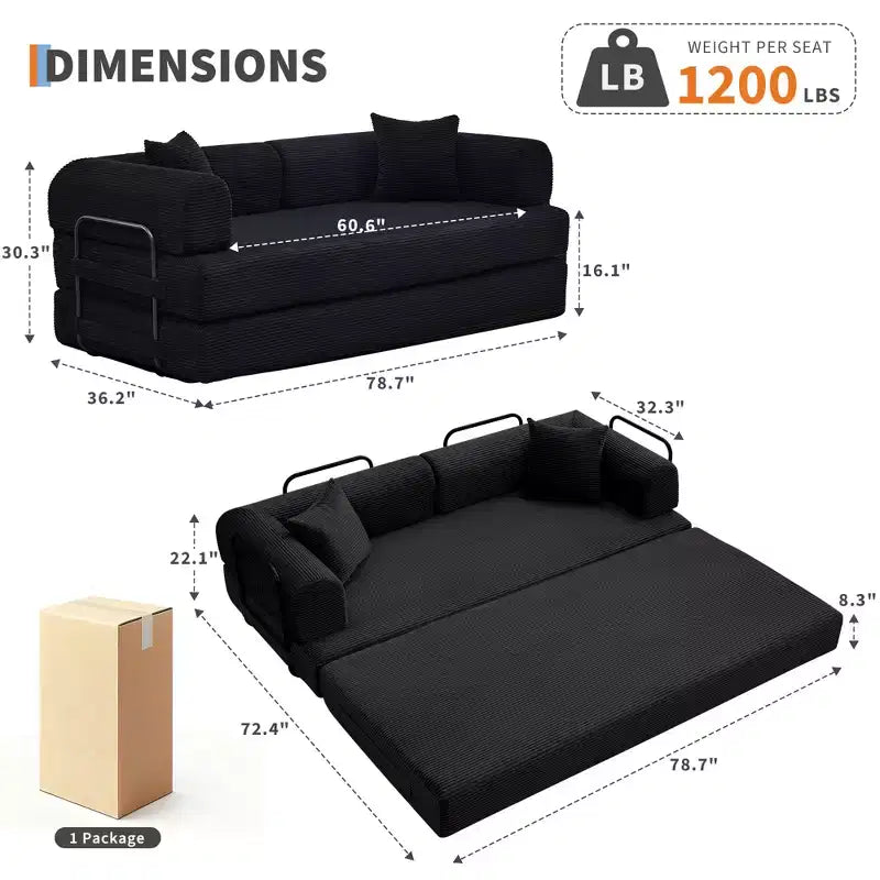 78.7 Szara sofa rozkładana 4 w 1 z tkaniny sztruksowej, składana dwuosobowa sofa podłogowa futon z poduszkami (bez montażu)