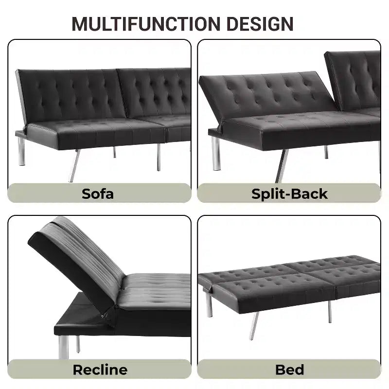 Tapicerowana sofa futon z rozkładanym oparciem, rozkładana sofa z chromowanymi nogami
