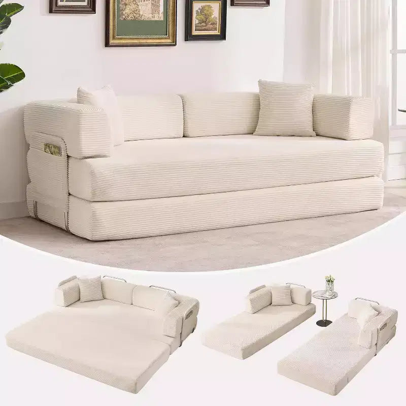 Rozkładana sofa 5 w 1, modułowa kanapa 78,8" z sztruksu z solidną ramą, wielofunkcyjny futon do małych przestrzeni, salonu i pokoju gościnnego