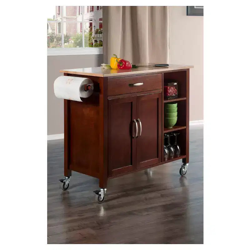 Wózek kuchenny Mabel Wood/Walnut/Natural - Winsome: Mobilny regał z uchwytem na ręczniki, rama z drewna twardego