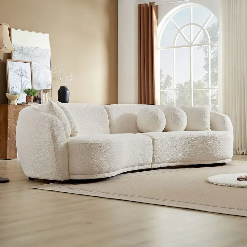 Głęboka, zakrzywiona sofa narożna, tkanina bouclé, 5 poduszek dekoracyjnych