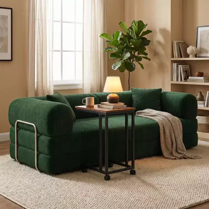 FurnitureR Rozkładana sofa z zestawem stolika bocznego na kółkach, Nowoczesna sofa sztruksowa z ruchomym stolikiem na przekąski do salonu, mieszkania, małej przestrzeni
