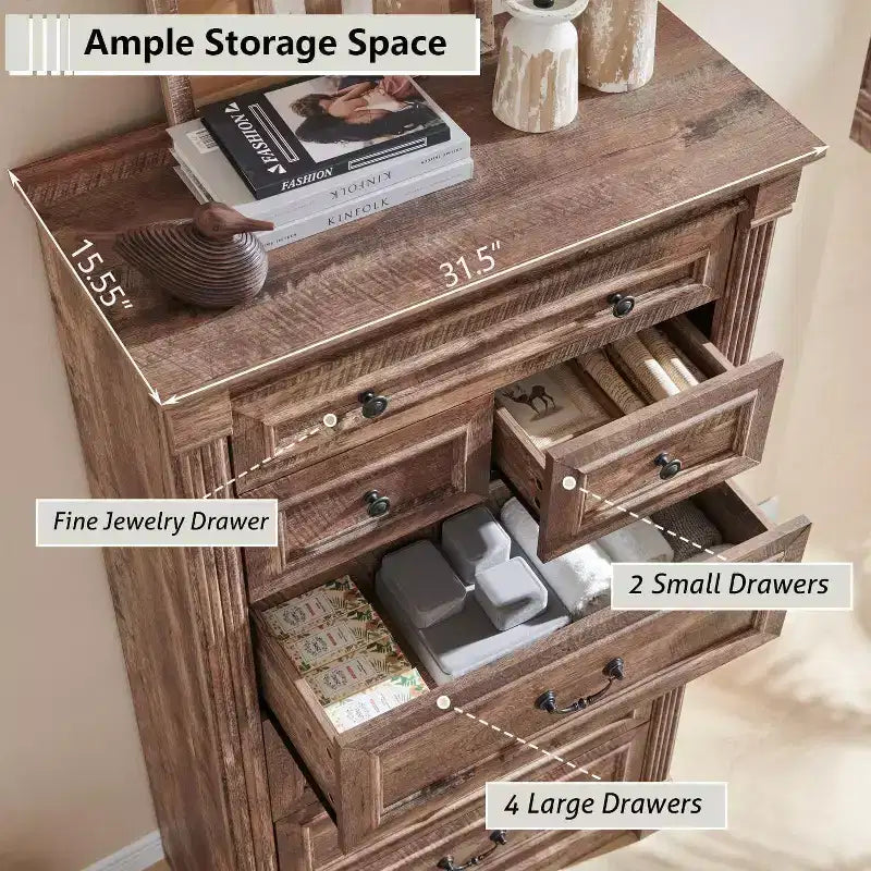 Komoda do sypialni Mastgoal 57 w stylu rustykalnym z 7 szufladami, drewniana szafka z kolumną w stylu rzymskim do przechowywania ubrań