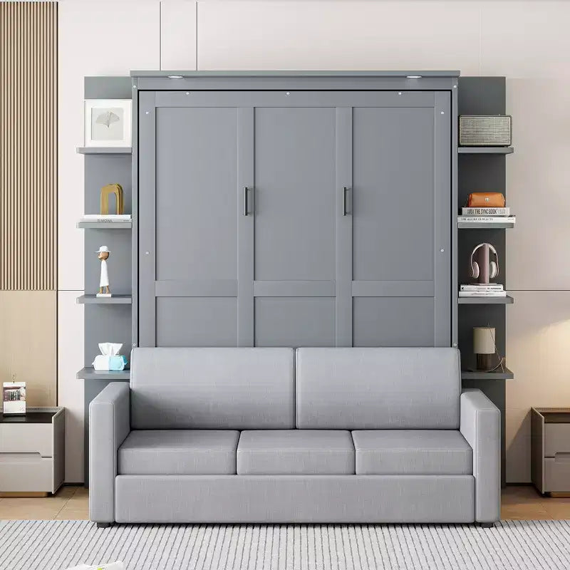 Łóżko w szafie Whisen Modern Design z drewnianą ramą, w rozmiarze Queen, z sofą i półkami