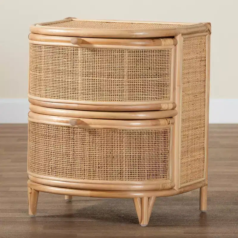 bali & pari Oleta Nowoczesna Szafka Nocna Boho Naturalny Brązowy Rattan 2 Szuflady