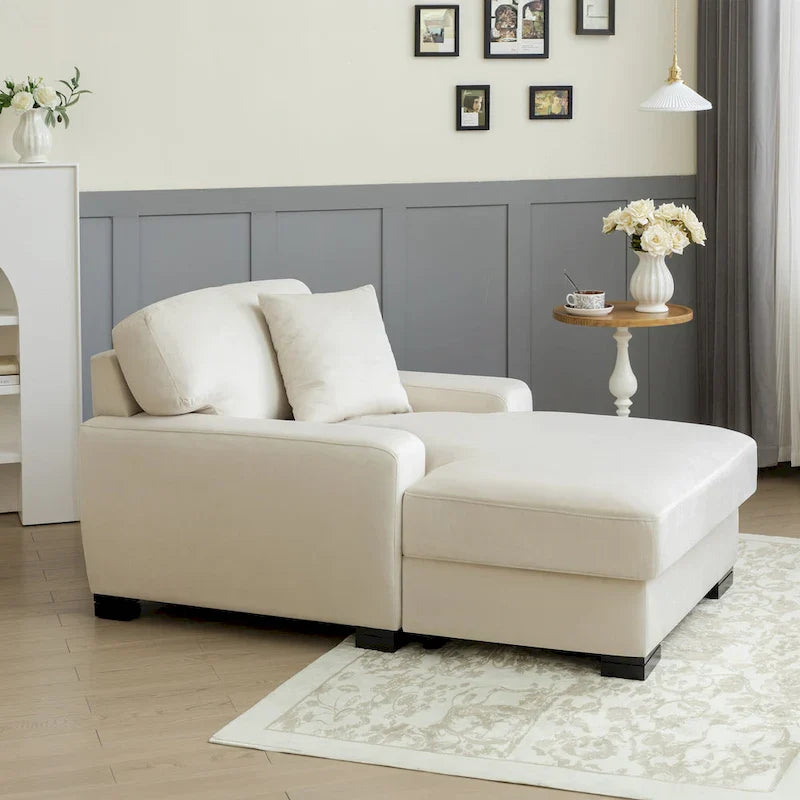 Nowoczesna sofa z funkcją spania typu chaise longue w stylu mid-century, o powiększonych wymiarach, z poduszką