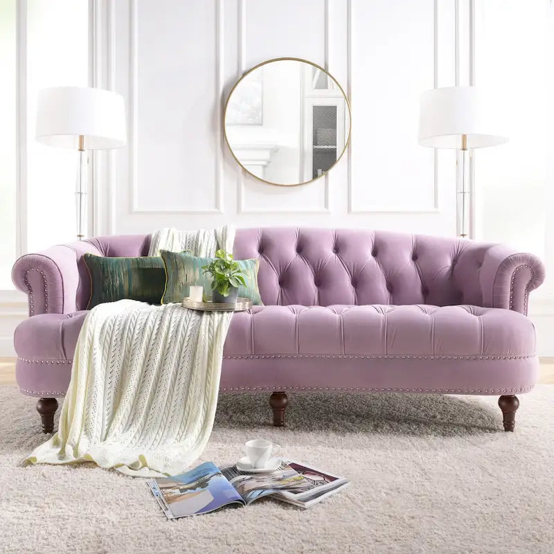 Sofa Chesterfield La Rosa 84 w stylu Mid-Century Modern, tapicerowana aksamitem i przeszywana głęboko