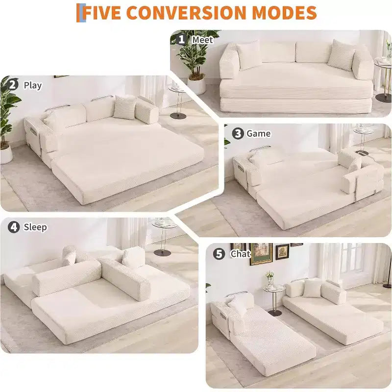 Rozkładana sofa 5 w 1, modułowa kanapa 78,8" z sztruksu z solidną ramą, wielofunkcyjny futon do małych przestrzeni, salonu i pokoju gościnnego