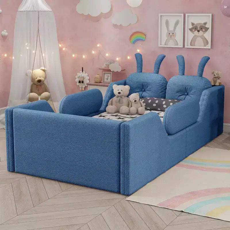 Łóżko platformowe Whisen Twin, tapicerowana rama łóżka dziecięcego typu floor bed z poduszką w kształcie króliczka, ze zdejmowanymi barierkami bocznymi