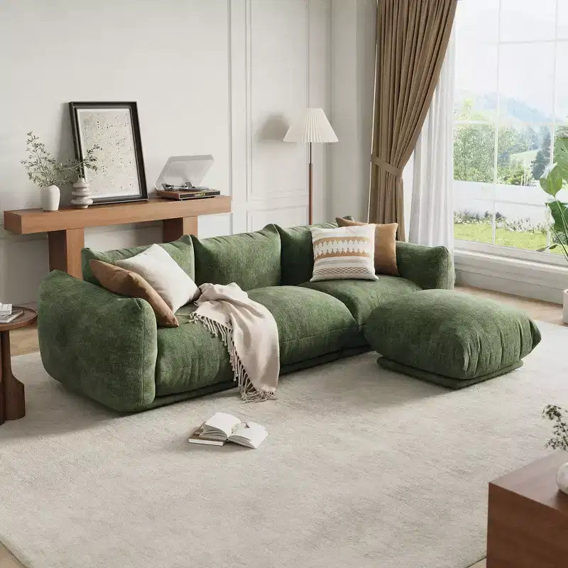 Bezkostna sofa dwuosobowa – nie wymaga montażu, puszysta sofa typu cloud z chenille’u o szerokości 75,2 cala i głębokości siedziska 23,2 cala do małych przestrzeni (zielona)