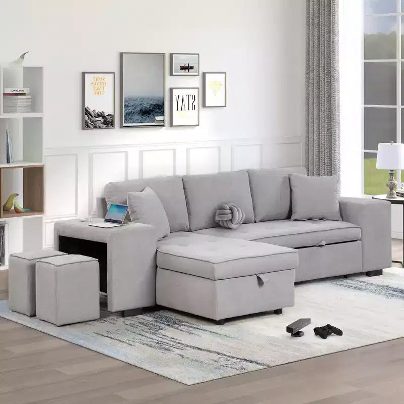 104,5 Narożnik w kształcie litery L z możliwością zmiany układu, z narożnikiem z pojemnikiem i 2 hokerami - Rozkładana 3-osobowa sofa do salonu