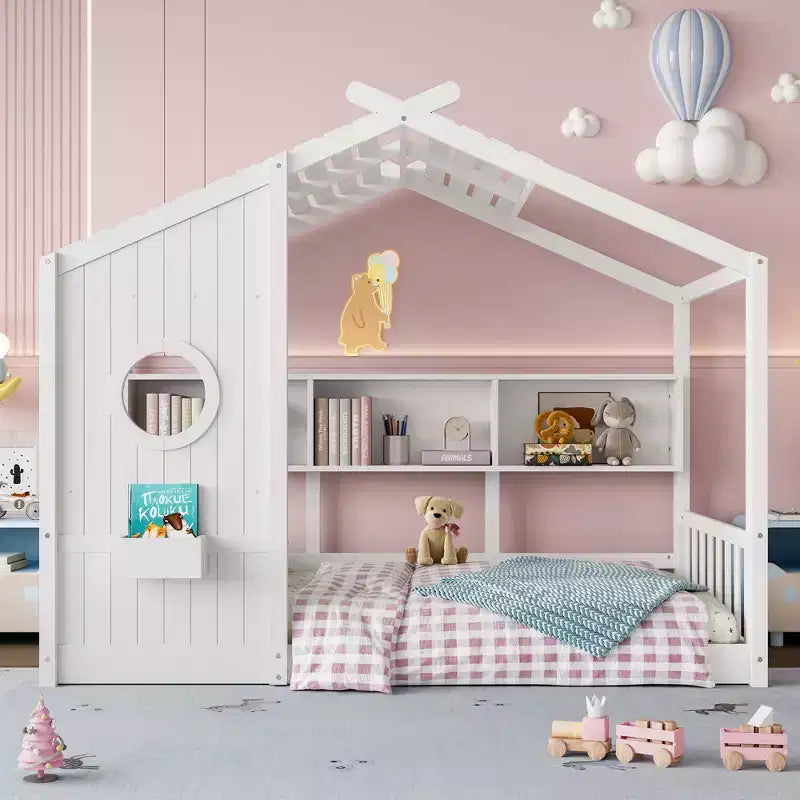 Łóżko dziecięce typu domek w rozmiarze Twin/Full, podłogowe łóżko Montessori z półką na przechowywanie - ModernLuxe