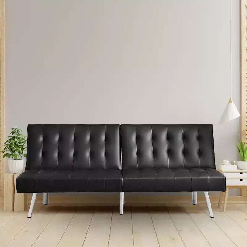 Tapicerowana sofa futon z rozkładanym oparciem, rozkładana sofa z chromowanymi nogami
