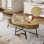Owalny stolik kawowy z szufladą w stylu mid-century modern, drewniany stolik kawowy 47,2 z miejscem do przechowywania i metalowymi nogami w kształcie litery X, zaokrąglony design