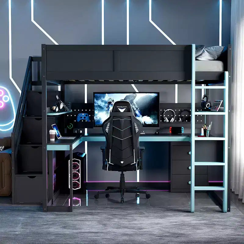 Drewniane łóżko antresola do gier GDFStudio Scott ze schodami z miejscem do przechowywania, biurkiem, półkami i tablicą perforowaną