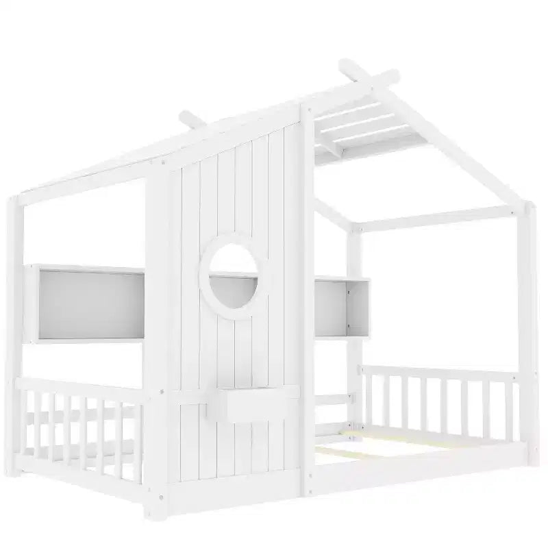 Łóżko dziecięce typu domek w rozmiarze Twin/Full, podłogowe łóżko Montessori z półką na przechowywanie - ModernLuxe