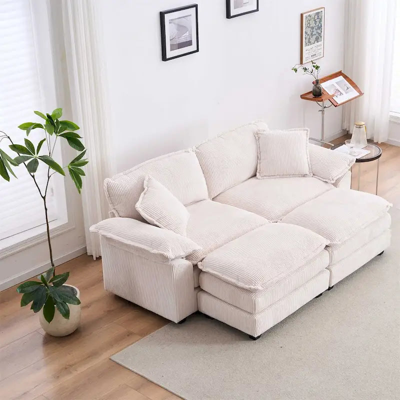 Nowoczesna 2-osobowa sofa sztruksowa z 4 poduszkami i 2 pufami