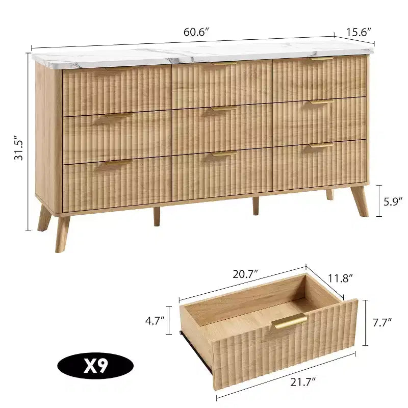 Komoda z 9 szufladami i ryflowanymi frontami, nowoczesna szafka, drewniana komoda pod telewizor, zaokrąglony design, do salonu, przedpokoju