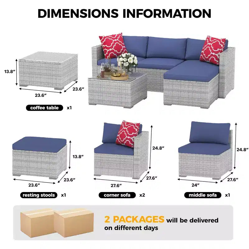 5-częściowy zestaw mebli ogrodowych, modułowa sofa z technorattanu odporna na warunki atmosferyczne z poduszkami antypoślizgowymi, rattanowy zestaw mebli ogrodowych z sofą i otomantą