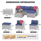 5-częściowy zestaw mebli ogrodowych, modułowa sofa z technorattanu odporna na warunki atmosferyczne z poduszkami antypoślizgowymi, rattanowy zestaw mebli ogrodowych z sofą i otomantą