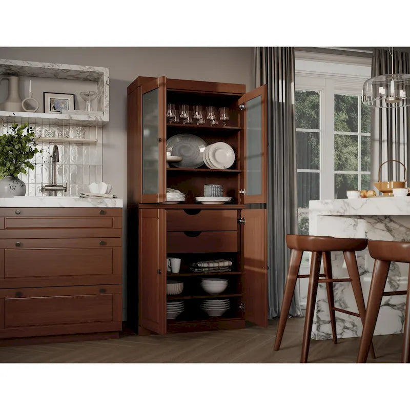 Szafka kuchenna w 100% z litego drewna z drzwiami z matowego szkła, pełnymi drzwiami, 2 szufladami i regulowanymi półkami