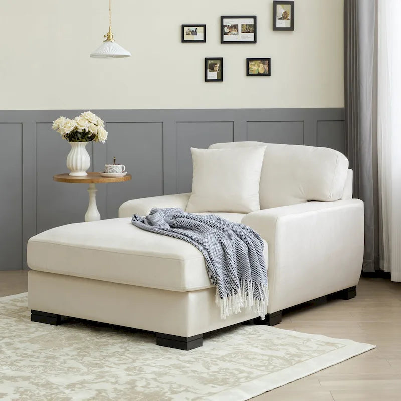 Nowoczesna sofa z funkcją spania typu chaise longue w stylu mid-century, o powiększonych wymiarach, z poduszką