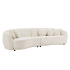 Głęboka, zakrzywiona sofa narożna, tkanina bouclé, 5 poduszek dekoracyjnych