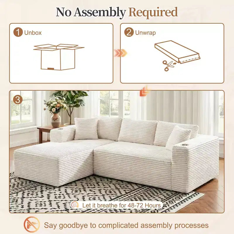 Modułowa sofa narożna Celebalcony 103 bez stelaża, narożnik w kształcie litery L z 2 uchwytami na kubki, miękka welurowa sofa niczym chmura do salonu, bez montażu