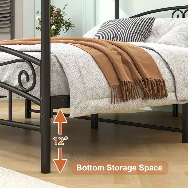 Metalowa rama łóżka typu Queen Size z baldachim, zagłówkiem w stylu vintage i schowkiem pod łóżkiem o pojemności 12,4