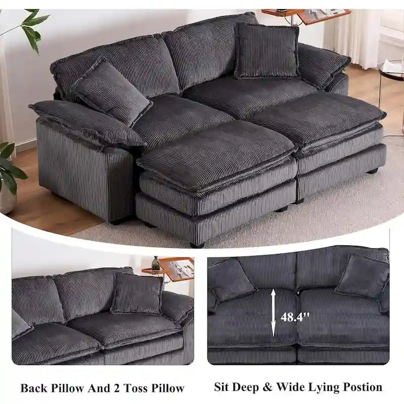Nowoczesna 2-osobowa sofa sztruksowa z 4 poduszkami i 2 pufami