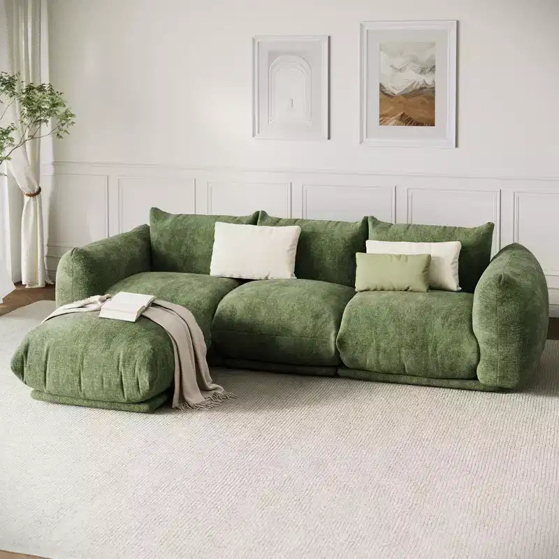 Bezkostna sofa dwuosobowa – nie wymaga montażu, puszysta sofa typu cloud z chenille’u o szerokości 75,2 cala i głębokości siedziska 23,2 cala do małych przestrzeni (zielona)