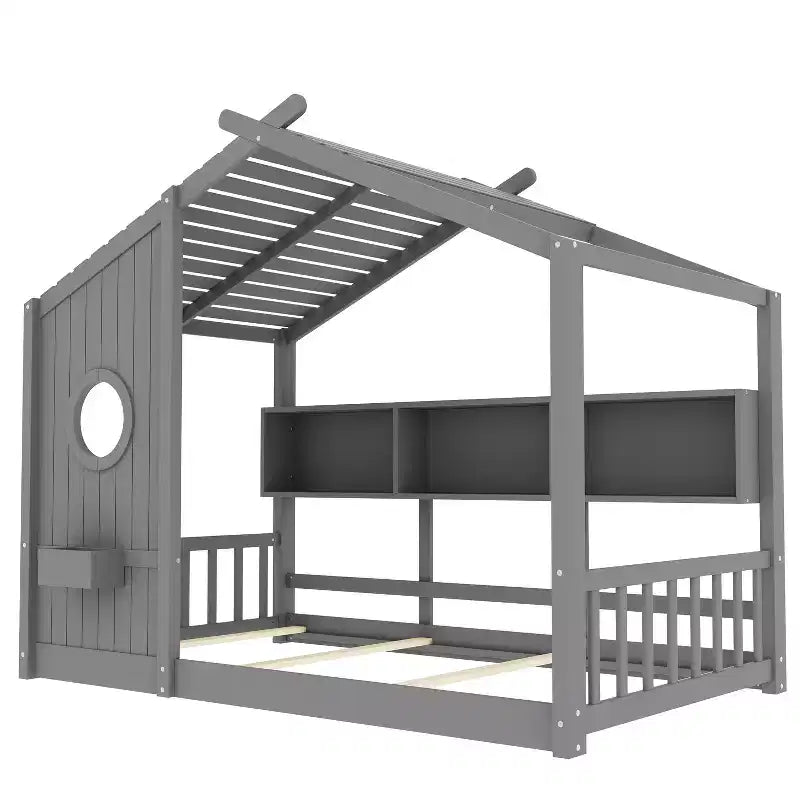 Łóżko dziecięce typu domek w rozmiarze Twin/Full, podłogowe łóżko Montessori z półką na przechowywanie - ModernLuxe