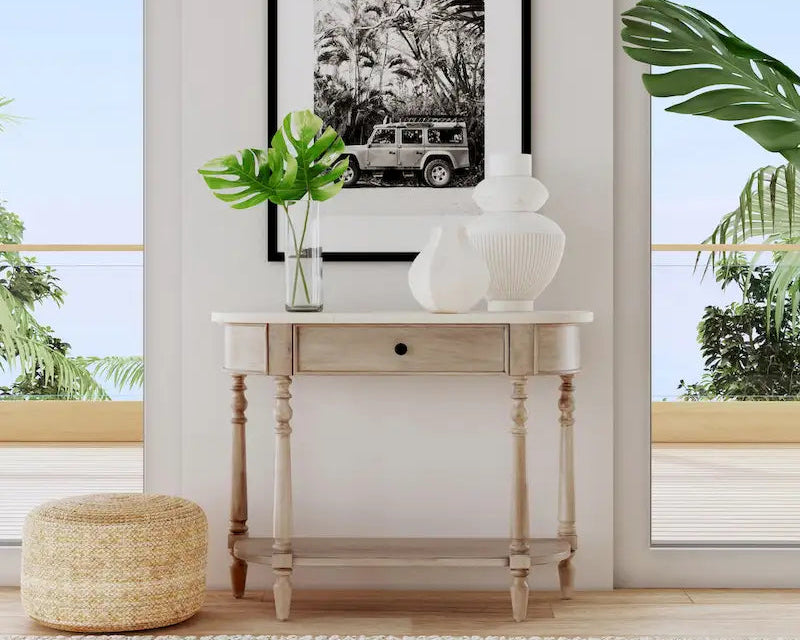 Konsola z marmurowym blatem ¨C Jasnobrązowa / Szara / Czarna z patyną, półksiężycowata, montaż dla 1 osoby