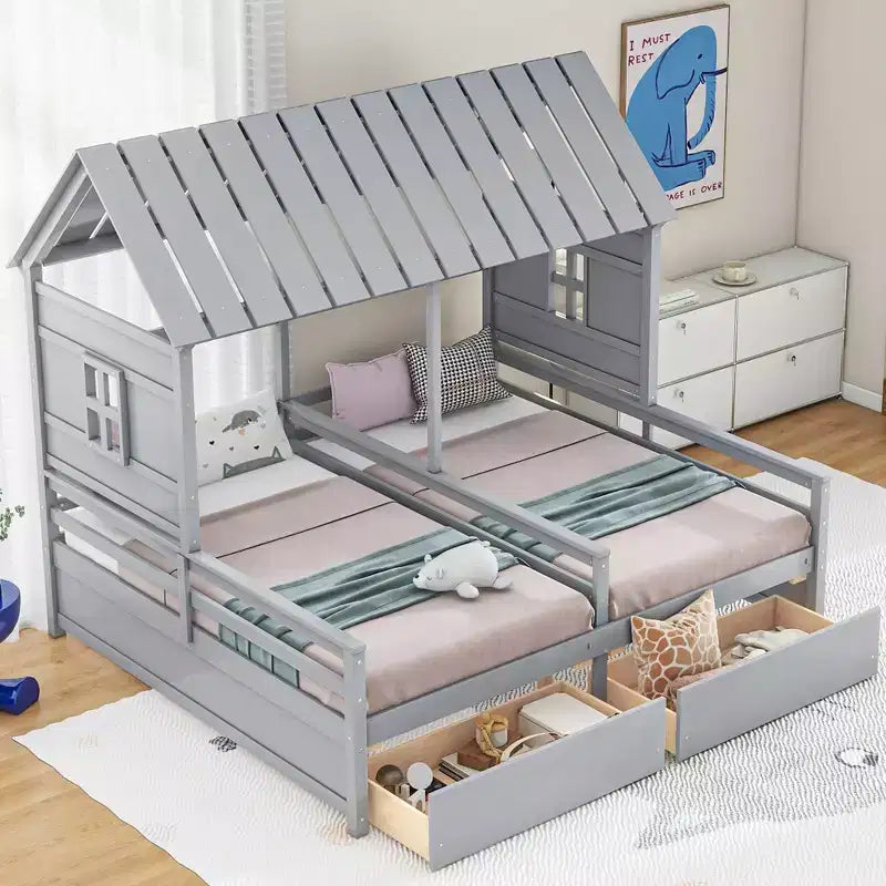 Łóżka platformowe Whisen House z dwiema szufladami do łóżek dla chłopców i dziewczynek