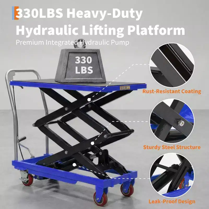 Wózek z hydraulicznym stołem podnośnym, nośność 330 lbs, wysokość podnoszenia 50, antypoślizgowa podkładka, 4 kółka i paski odblaskowe, do obsługi materiałów i transportu