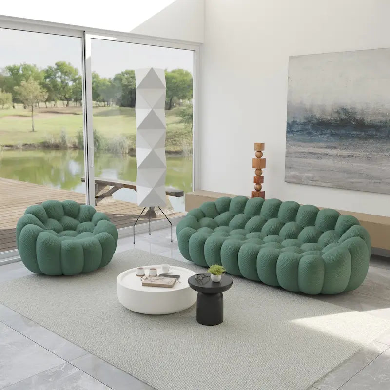 2 szt. sofa bąbelkowa 3D tapicerowana tkaniną o strukturze plastra miodu, 3-osobowa sofa bąbelkowa i sofa jednoosobowa do salonu