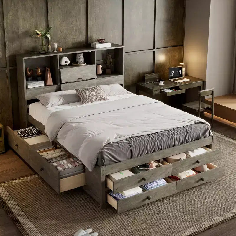 Łóżko platformowe Queen/King Size, rama z drewna sosnowego z zagłówkiem ze schowkiem i 8 szufladami