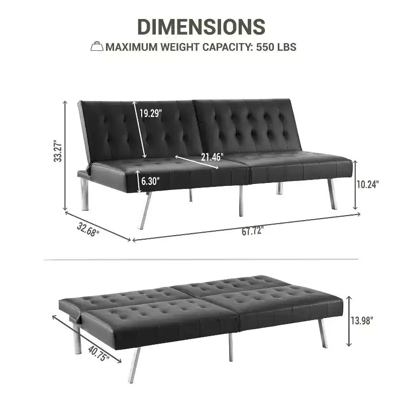 Tapicerowana sofa futon z rozkładanym oparciem, rozkładana sofa z chromowanymi nogami